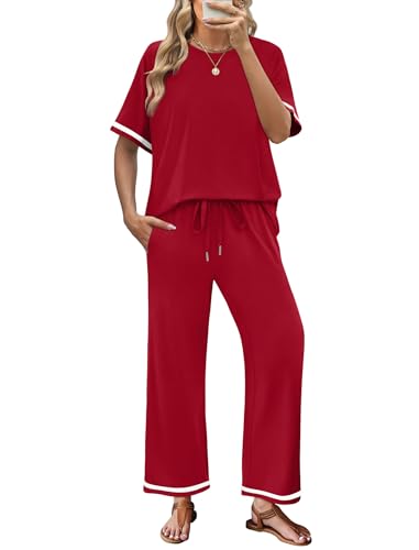 Sampeel 2 Piece Sets for Women Summer Casual Wide Leg Crop Pants Sets Vacation Travel Outfits Matching Set Womens Clothing Airport Lounge Sets Trendy Short Sleeve Tops