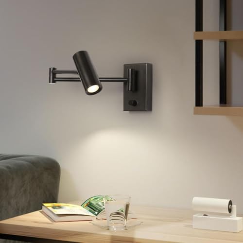 Image of Modern Wall Spotlight with Adjustable Rocker Arm and Built-in Switch Wall Fixture for Bedside-Warm White|Black
