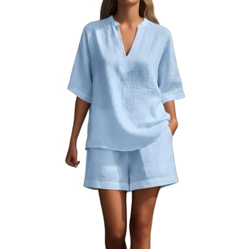 Ensemble 2 pièces femme de sport short et haut coton col V vêtement décontracté uni 5f21