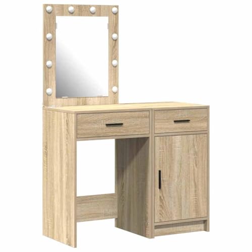vidaXL Hollywood Vanity Tisch mit integrierter Beleuchtung, Schublade, Sonoma-Eichen Finish - modernes Design für Make-up und Pflege, Schlafzimmermöbel, Frisiertisch, Stauraum, Designer-Spiegel