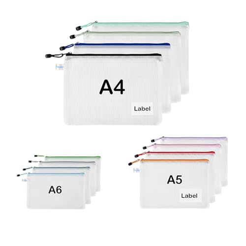 12er-Pack gemischte Größen Zipper-Geldbörsen (A4/A5/A6) mit Etikettentasche – TRANBO Zip Beutel & Dokumentenmappen für Büro, Schule, Zuhause, Reise – Mehrfarbig