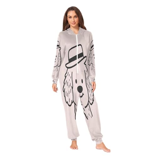 Nexawaveo Pijama enterizo de forro polar ultrasuave para adultos, diseño de vaca, color blanco, acogedor, con capucha, de cuerpo entero y bolsillo, Perro esbozado con sombrero, X-Small