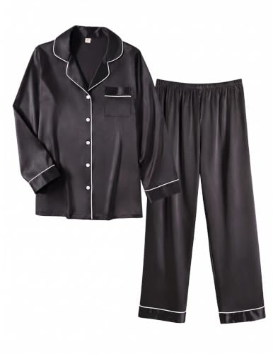 Image of Ekouaer Women Satin Pajamas Set Classic Button Down Long Pjs Set