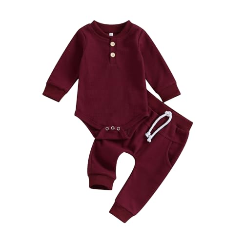 Image of Kuriozud Newborn Baby Boy Clothes Button Long Sleeve Romper Bodysuit Pants Set Infant Soft Waffle Fall Winter Outfit