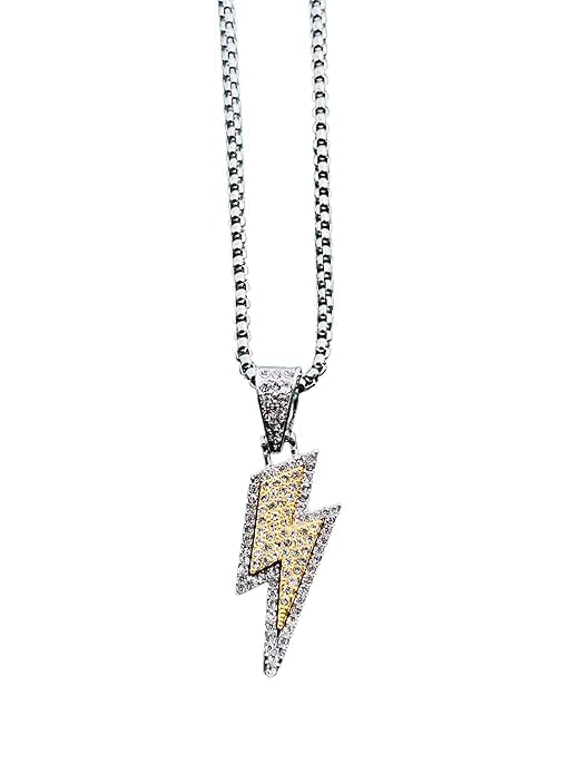 Zeloera Men's Hip Hop Iced Out Thunderbolt Flash Pendant Silver Chain for Men Boys | Two-Tone Lightning Bolt Pendant with Simulated CZ Diamonds | Necklace Jewellery for Men & Boys-picture-33