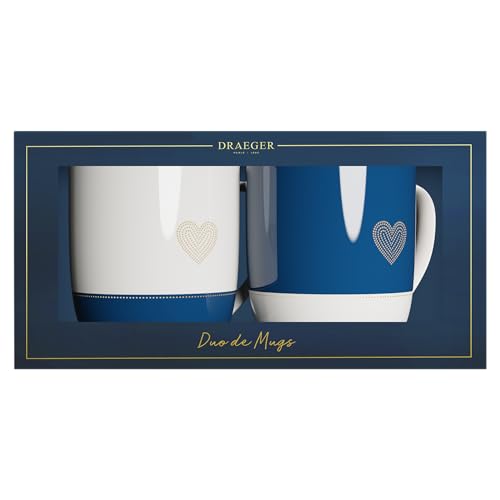 DRAGER PARIS | Duo de Mugs en céramique avec un coeur pour couples mariés | Blanc bleu Motif en or à chaud | Idée cadeau pour couple, jeunes mariés, union, mariage, cérémonie | 320 ml