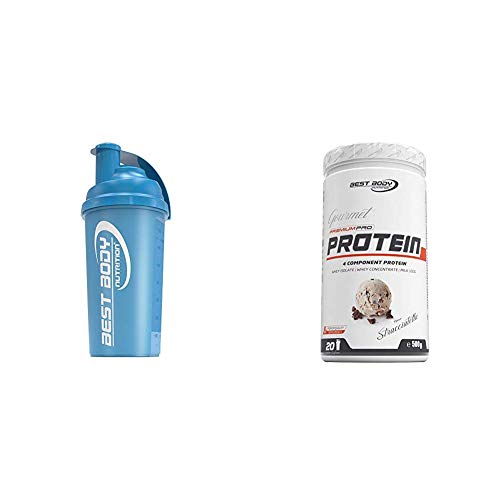 Best Body Nutrition Eiweiß Shaker 700ml, blau + Gourmet Premium Pro Protein Stracciatella Dose, 500 g