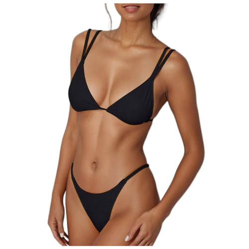 Conjunto de bikini para mujer, parte inferior sexy de tanga, bikini de dos piezas, doble correa de hombro, bonito traje de baño triángulo para bañarse, Negro , M