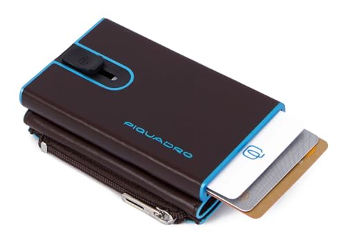 Image of Piquadro - Blue Square Metal Automatic Wallet - Men - Mahogany | Coin compartment, Sliding mechanism, Anti-fraud protection, Slim