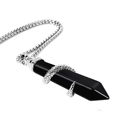 BEADNOVA Healing Crystal Necklace for Women Men Obsidian Snake Tail Wrap Pendant Energy Healing Gemstones Jewelry Pendulum Crystal Divination (Hexagonal, 18 Inches Stainless Steel Chain)3