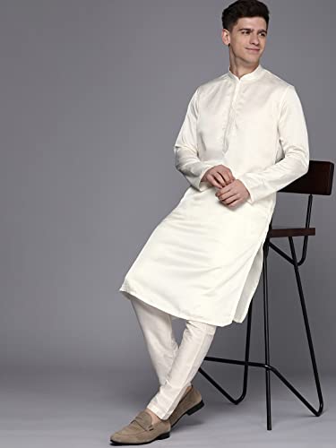 Image of Manyavar Men's Ethnic Kurta Set, Full Sleeves Mandarin Collar Ethnic Kurta Set For Engagement, Wedding, Party Art Silk Kurta Set