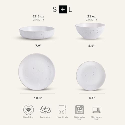 Image of Stone Lain Lauren Stoneware, Rustic Plates and Bowls Set, Dinnerware, Service for 4, Speckled Off White, Dishwasher & Microwave Safe, 16-Piece