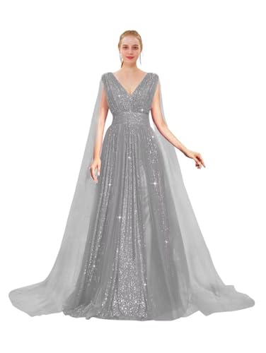 Sequin Prom Dresses with Cape Ball Gowns Tulle V Neck Formal Evening Dresses Sparkly Wedding Party Dress