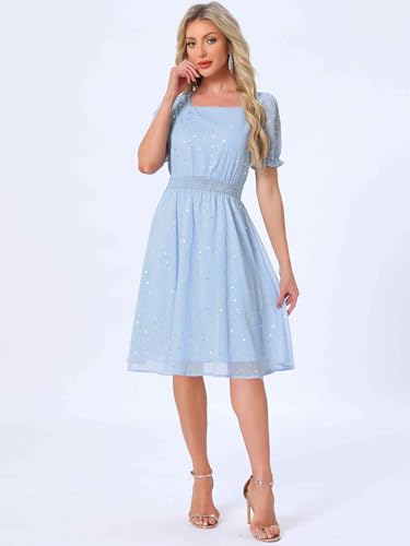 Image of Allegra K Party Midi Dress for Women Ruffle Short Sleeve Elastic Waist A-Line Metallic Star Dresses