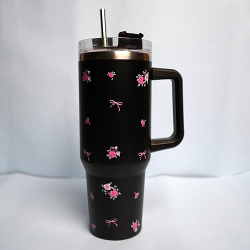 Image of 1200ML Stainless Steel Tumbler Hot and Cold with Handle and Lid and 2 Straws, Double Insulated Cup Leak Proof Mug Cupholder for Gym, Travelling (Black Blossom)