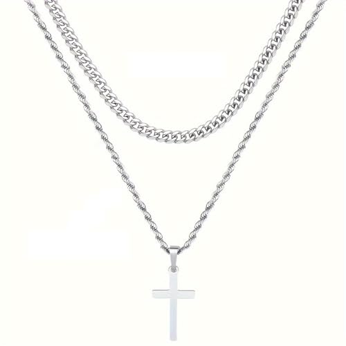 JEYORZY Collar Cruz Hombre Cruz Cadena Acero Inoxidable Plateada, Simple Joyería Regalos Cadena Collar Plata Oro Cadenas para Hombre