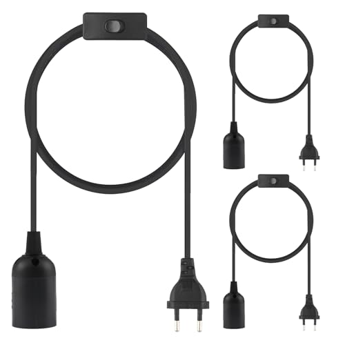 OMIGA Portalampada E27 con Interruttore a Filo Cavo 3 Pezzi Portalampada con Presa Elettrica Lampadario Sospensione Compatibile con Lampadine E27 Nero 3m (Lampadina non Inclusa)