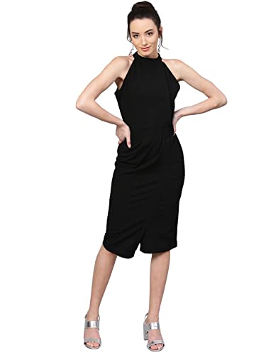 Image of Shasmi Women's Comfortable Red Halter Neck Sleeveless Solid Midi Bodycon Casual Western Stylish Dress