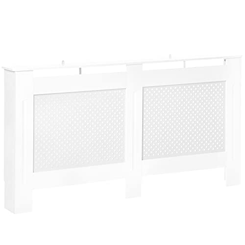HOMCOM Cubre Radiadores, 151,5x19x82 cm, Cubierta para Radiador Moderna de MDF, con Estante Superior y Listones, para Salón, Dormitorio, Pasillo, Blanco