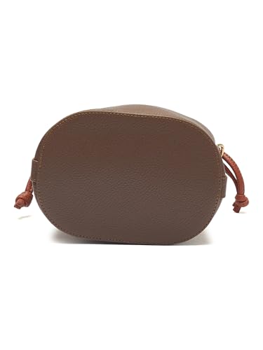 Image of white lily Women's Bucket Bag with Drawstring, Black and Brown Two-Tone, Adjustable Shoulder Strap