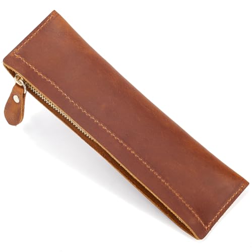 GORGECRAFT Top Grain Water buffalo Leather Pen Zippered Holder Real Leather Pencil Pouch Vintage Crazy Horse Leather Pen Bag Fountain Pen Holder for Business Office Stationery Storage Saddle Brown