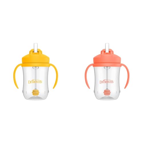 Dr. Brown's Milestones Baby's First Straw Cup, Training Cup with Weighted Straw, 9 oz/270 mL, BPA-free, 6m+, Coral/Vintage Yellow, 2-Pack - image 1