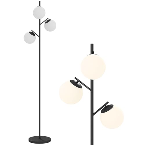 HOMCOM - Lámpara de pie con pie de salón de metal negro con 3 pantallas de globo blanco, cristal esmerilado, 40 W, diámetro 27 x 169 cm, color negro
