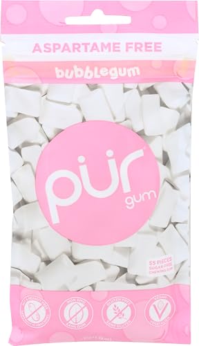 PUR Gum | Chicle Sin Azúcar | 100% Xilitol | Vegano, Sin Aspartamo, Sin Gluten y Apto Para Diabéticos | Chicle Natural Con Sabor a Bubblegum, 55 Piezas (Paquete de 1)