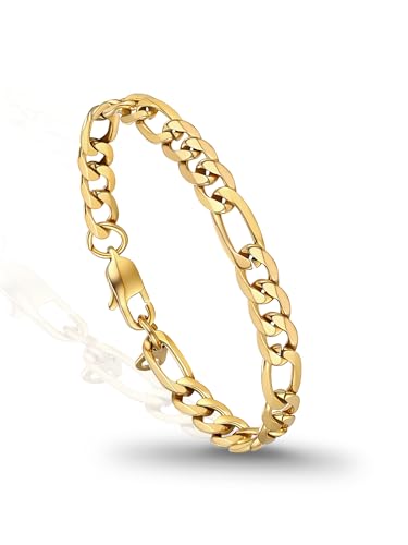 PROSTEEL Mens Bracelet - Stylish Figaro Cuban Chain Wrist Link Bracelets Hypoallergenic 316L Stainless Steel Hip Hop Jewellery for Men Boys Gold Plated 19CM Length 6MM Width (with Gift Box)