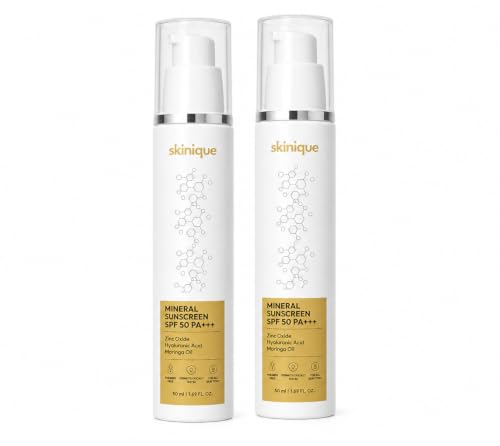 Image of Mineral Sunscreen SPF 50 PA+++ Cream Fresh Moisturising Hydrating Brightening 100ml Pack of 2 for All Skin Types with Zinc Oxide, Squalane and Moringa Oil