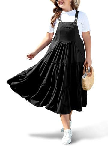 Moon Wood Plus Size Overall Dress for Women Jumper Dress with Pockets Summer Casual Suspender Straps Tiered Maxi Dress