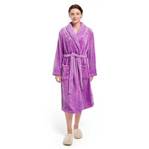 Lagtew Bata de felpa para mujer, bata de baño de forro polar suave y cálida para mujer, bata larga con bolsillos, Violeta, S-M