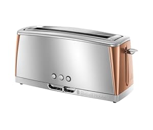Russell Hobbs Long Slot 2 Slice Luna Toaster with faster toasting Technology (6 Browning levels, Defrost/Reheat/Cancel function, Lift & Look feature,) 1420W, Stainless Steel with Copper accents, 24310