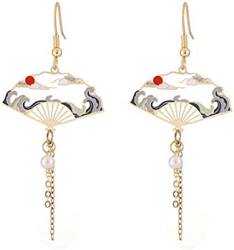 GBAHFY Chinese style Folding Fan Modeling Crane cloud Hanging Dangle National Style Earrings for Women Hollow asymmetric Metal Jewelry (Folding Fan Earring-Gold)