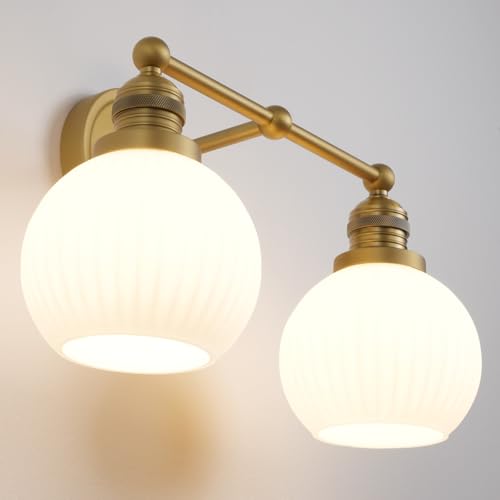 Image of 2-Lights Bathroom Light Fixtures, Vintage Milk White Glass | hardwired gold wall mounted lamp for bathroom mirror to elevate decor & refresh older home's look,DIY-friendly,UL,E26