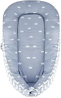 SONARIN Baby Nest for Newborn and Babies,Double Sided,Baby Bassinet for Bed/Lounger/Nest/Pod/Cot Bed/Sleeping, Breathable,100% Cotton Hypoallergenic,with Pillow,Portable(Crown Gray)