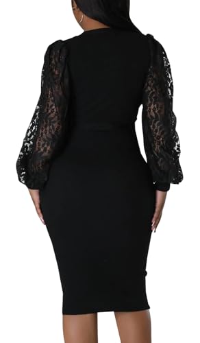 BestGirl Women's Bishop Sleeve Dresses V Neck Casual Party Work Sheath Midi Dress2