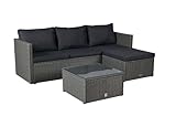 LC Garden Loungino Polyrattan Lounge grau-Mix für 3-4 Personen, Balkonmöbel Sitzgruppe mit Tisch + Hocker, Gartenlounge, Ecksofa für Balkon + Terrasse