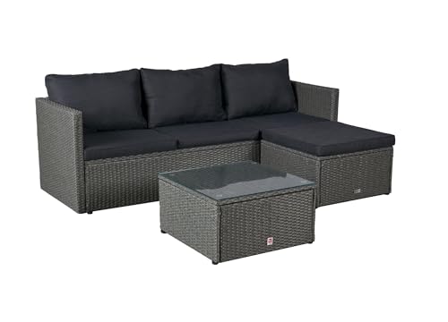 LC Garden Loungino Polyrattan Lounge grau-Mix für 3-4 Personen, Balkonmöbel Sitzgruppe mit Tisch + Hocker, Gartenlounge, Ecksofa für Balkon + Terrasse