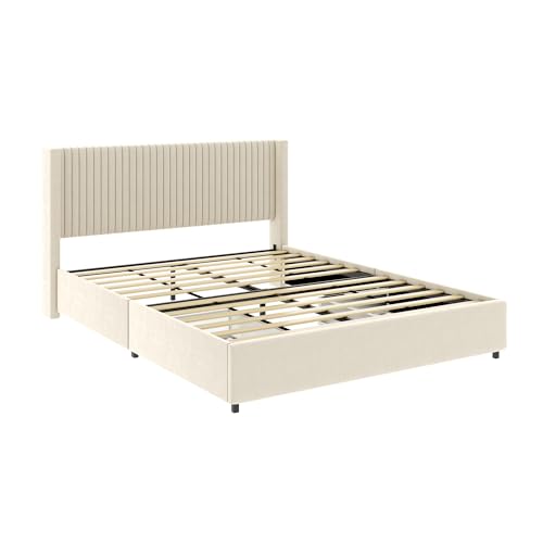 LOOPO Luxury Queen Size Ivory Velvet Wingback Platform Bed, Patented 2-Drawer Storage System, Modern Design Headboard with Tight Channel Upholstery, Sturdy Metal Frame, Wooden Slat Support, Ivory