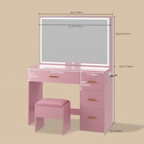 DWVO Makeup Vanity Table with 3 Light Modes, 4 Storage Drawers, Built-in Power Outlets & Hairdryer Holder, Makeup Table with Cushioned Stool