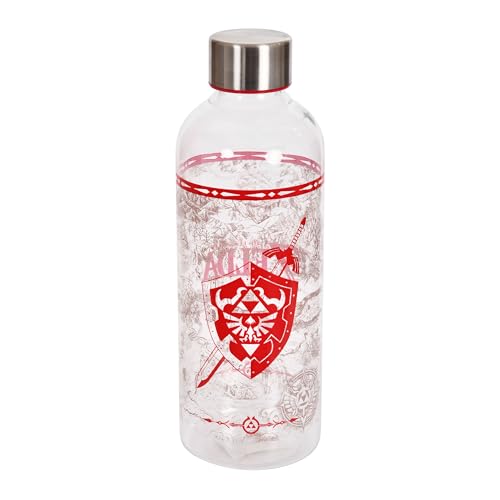Elbenwald Botella de agua The Legend of Zelda - 850 ml con motivo Shield, botella de agua con tapón a rosca, altura de 22,5 cm - Transparente/Rojo