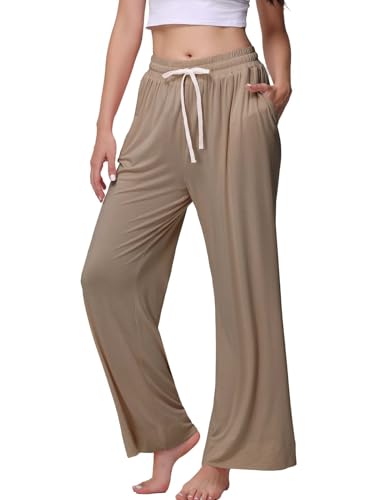 Image of Veseacky Women's Wide Leg Lounge Pants Yoga Pajamas Comfy Stretch Drawstring Pajamas Puls Size Dance Bottoms S-4XL