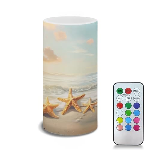 Image of Flameless LED Candle Flickering Wick Electric Candles with Remote Timer Color Changing 5.9 Inches Pillar Candle for Coastal Indoor Home Decoration, Beach Gold Starfish