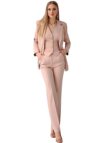 Mrjitor Mujeres 3 Piezas Traje Casual de Negocios Ropa de Oficina Señora de un Solo Pecho Botón Chaqueta Cuello en V Chaleco con Pantalones Sólidos