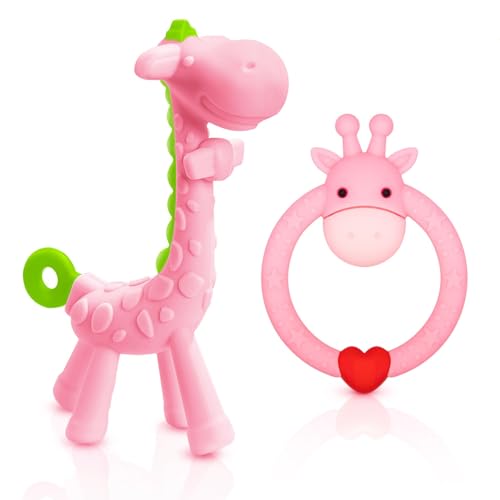 Image of SHARE&CARE BPA Free Silicone Giraffe Baby Teether Toy with Storage Case, for 3 Months Above Infant Sore Gums Pain Relief and Baby Shower, Baby Teething Toys (Pink)