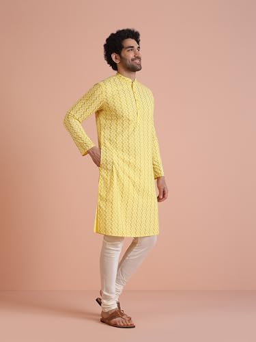 Kisah Men Straight Kurta Full Sleaves, Knee Length, Straight, Regular Fit, Mandarin Collar Ethnic Wear-Yellow -38