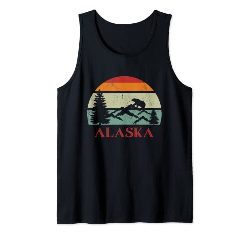Retro Sunset Mountains y Grizzly Bear Alaska Souvenir Camiseta sin Mangas