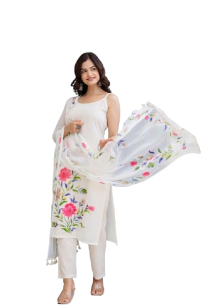 Womens Cotton Brush Paint Straight Tie-up detail Kurta Pant Dupatta Set-picture-18