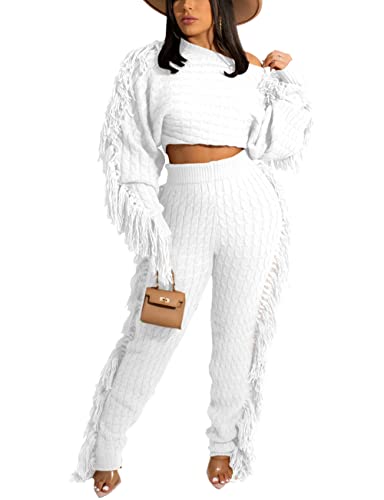 Sweater Sets Knit Two Piece Outfits for Women Tassels Solid